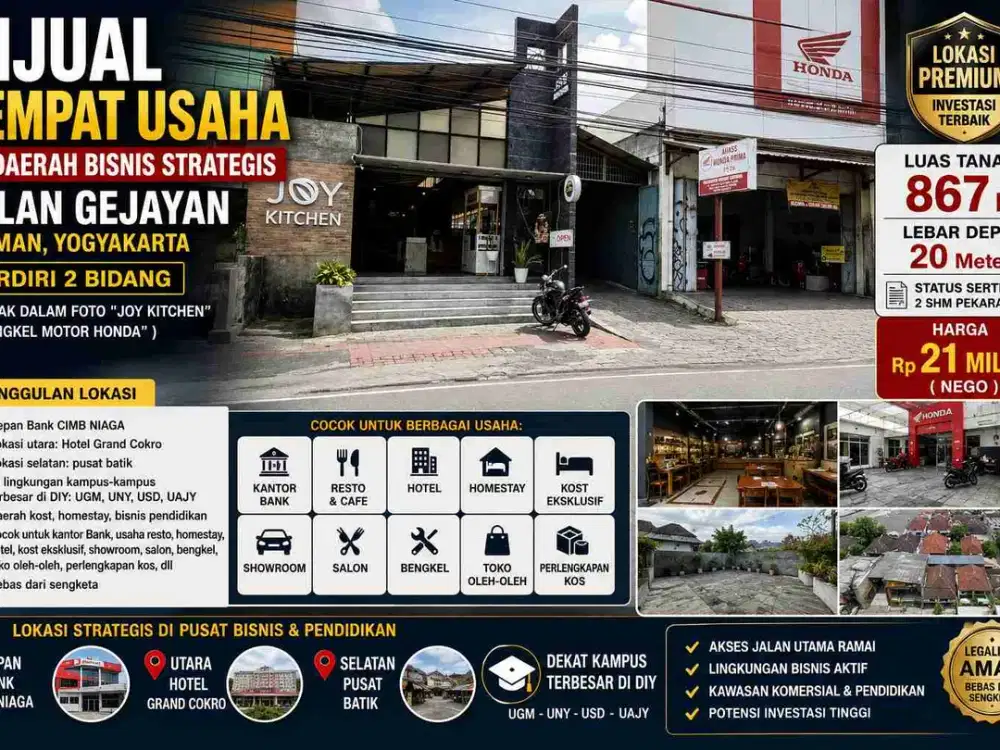 Dijual Tempat Usaha Strategis di Jalan Gejayan Sleman Dekat Kampus UGM