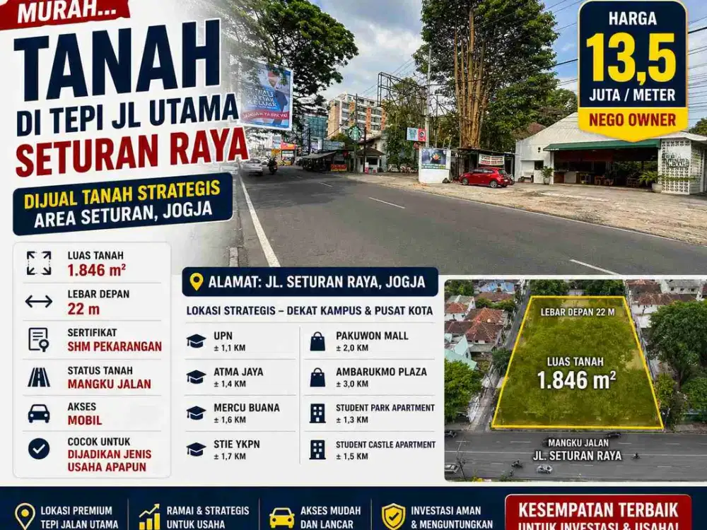 Dijual Tanah SHM Pinggir Jalan Raya Seturan Cocok Usaha Besar