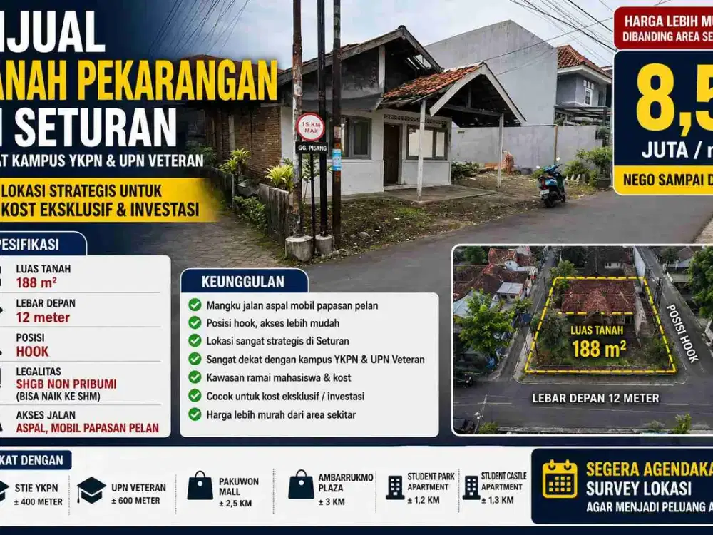 Jual Tanah Hook Strategis Seturan Dekat Kampus YKPN dan UPN