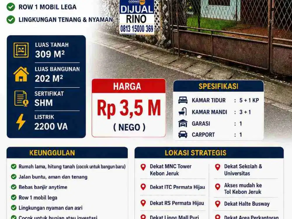 Jual cepat,nego keras! Rumah Hitung Tanah kebon jeruk jakarta barat