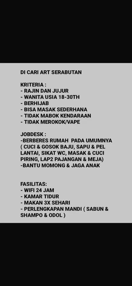 Loker ART Menginap Wanita