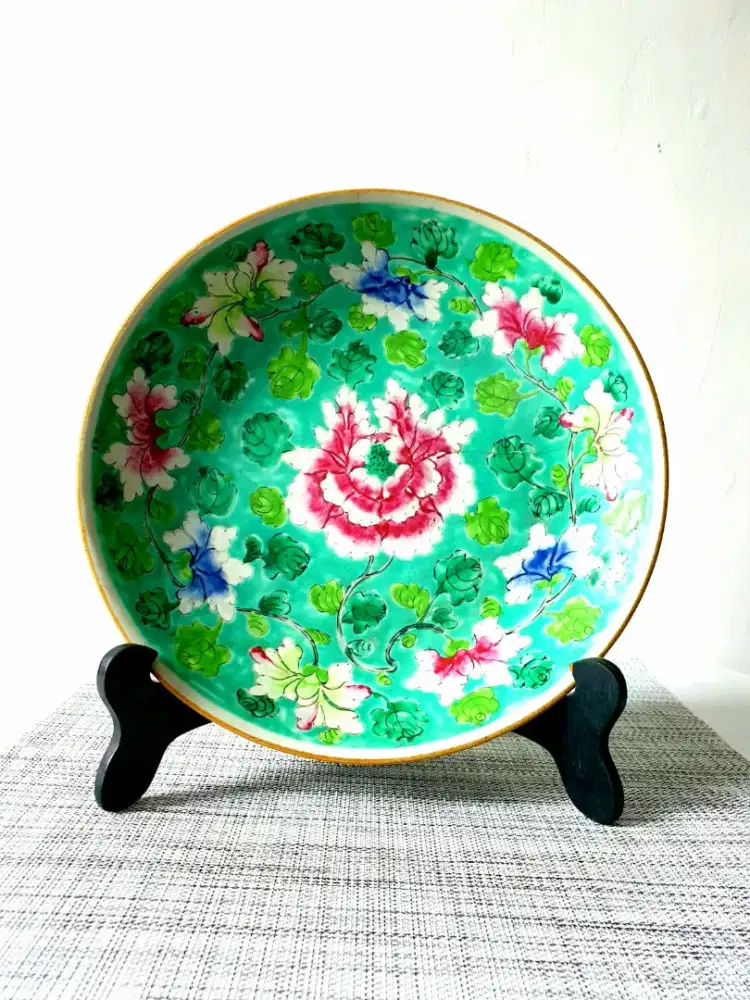Piring Antik Porselen Piring Hias Vintage  Turquoise Hijau Bunga Peony