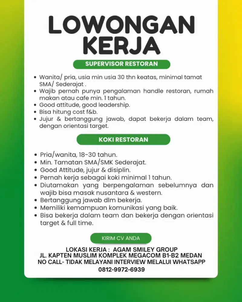 Dibutuhkan manager / supervisor dan tukang masak / koki cafe warkop