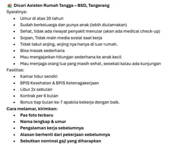 Lowongan ART ( Bukan Agen atau pun Yayasan )