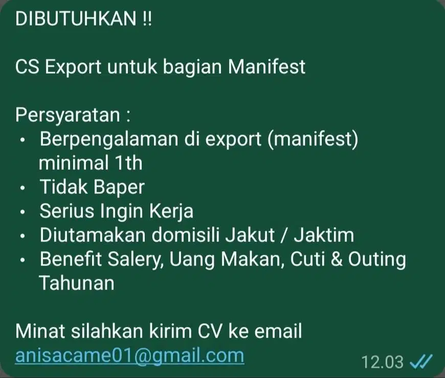 Lowongan Kerja CS Export Manifest