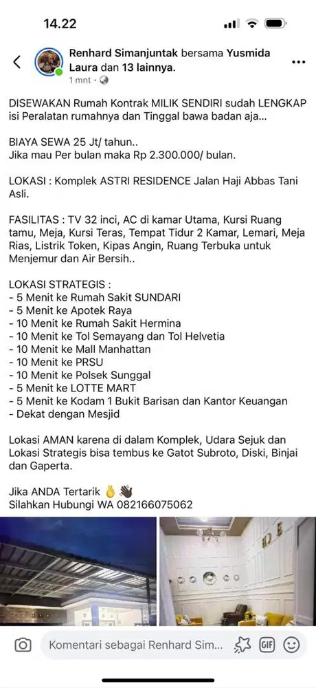Disewakan Rumah Lengkap dengan Perabotan dan Isi