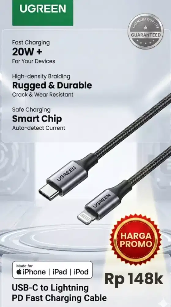 Kabel data ugreen C to L aluminium shell braided 1m black