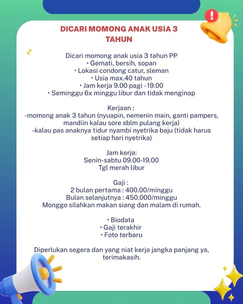 Dicari ART momong anak 3 tahun PP area condong catur