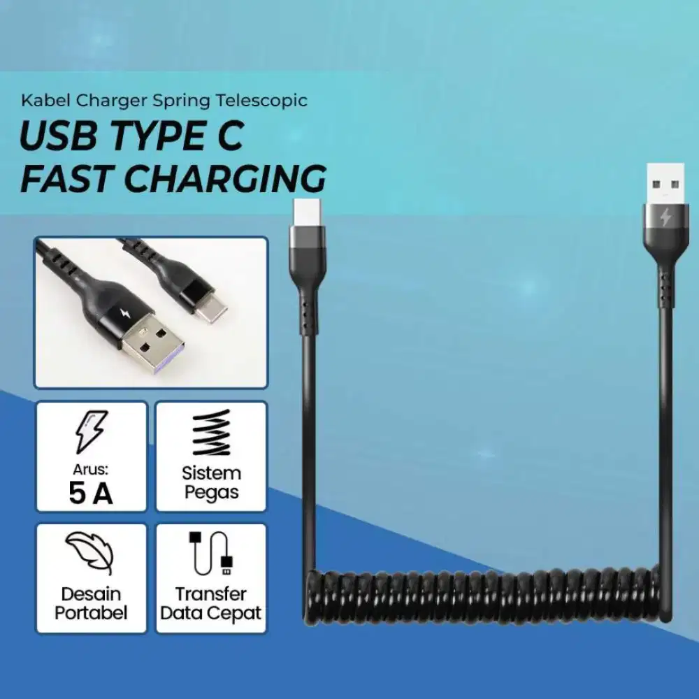 Kabel Charger Type C Spiral KEBISS 40W 5A Fast Charging Anti Kusut