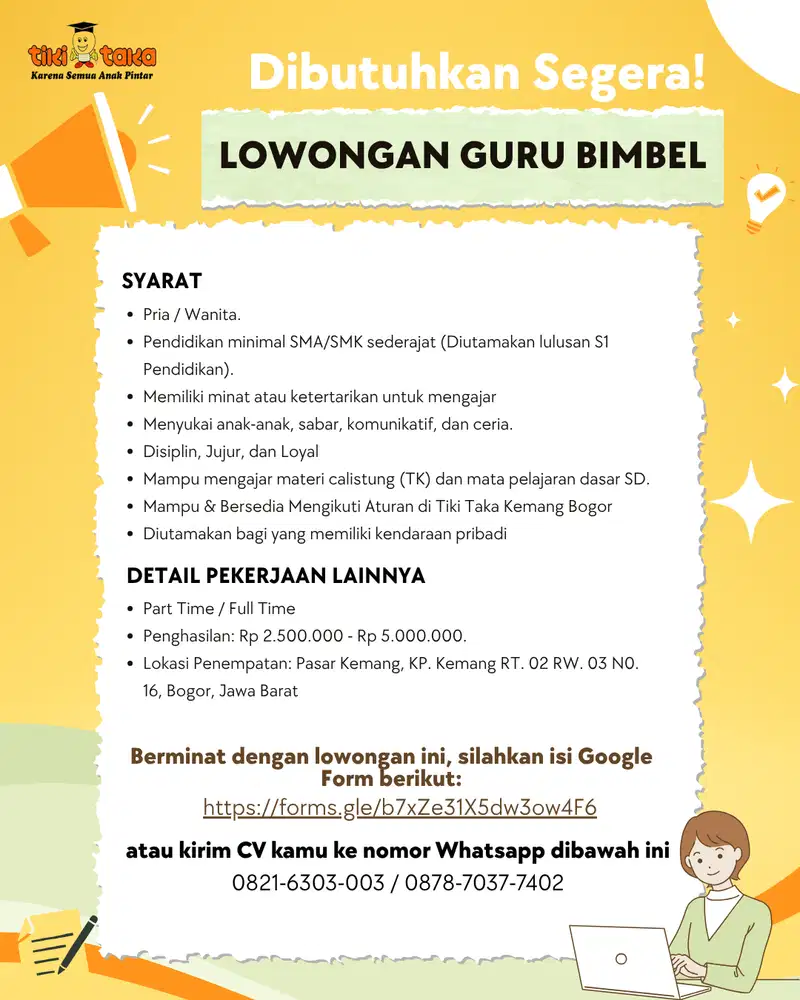 Lowongan Kerja Guru Bimbel Tiki Taka Kemang Bogor