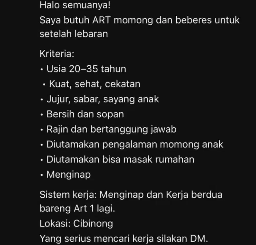 Dicari ART Momong Menginap