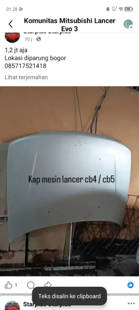 Kap mesin ori lancer evo 3 atau lancer cb4/cb5