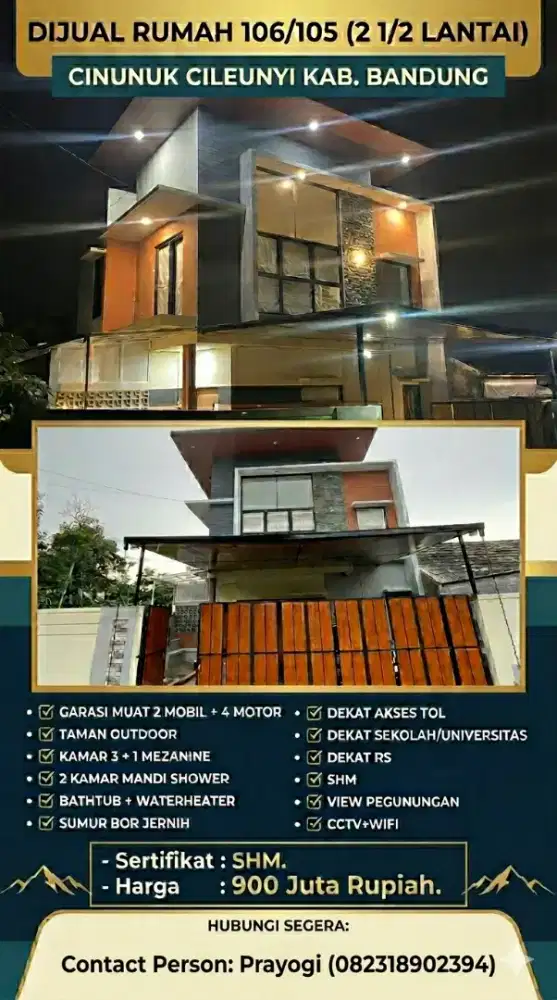 Di Jual Rumah ukuran 106/105 M, 2 Setengah Lantai.