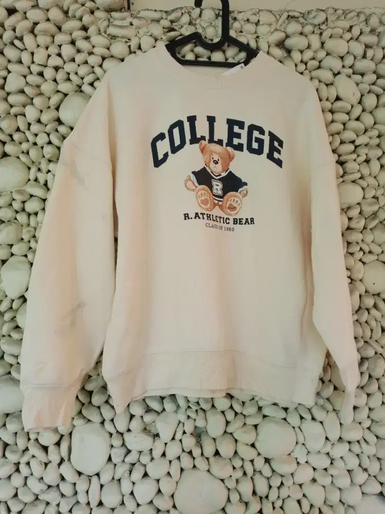 Sweater Crewneck College Bear Vintage Cream Oversize Unisex M