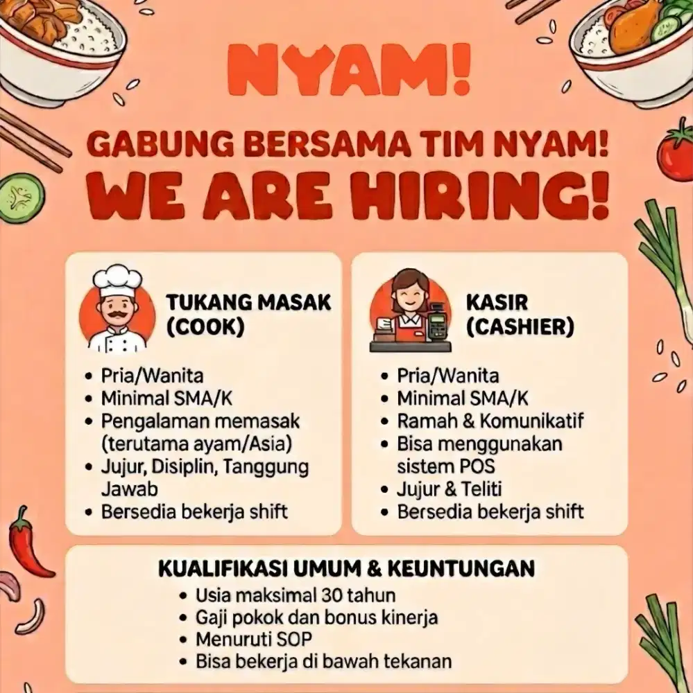 Dibutuhkan Karyawan Sebagai Kasir dan Cook