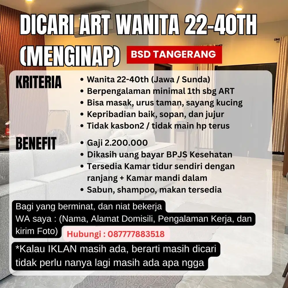 Dicari ART Menginap - BSD