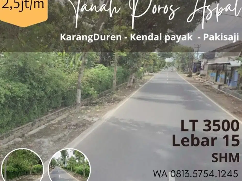 Tanah dijual karangduren kendalpayak curungrejo Lt3500 poros aspal leb15
