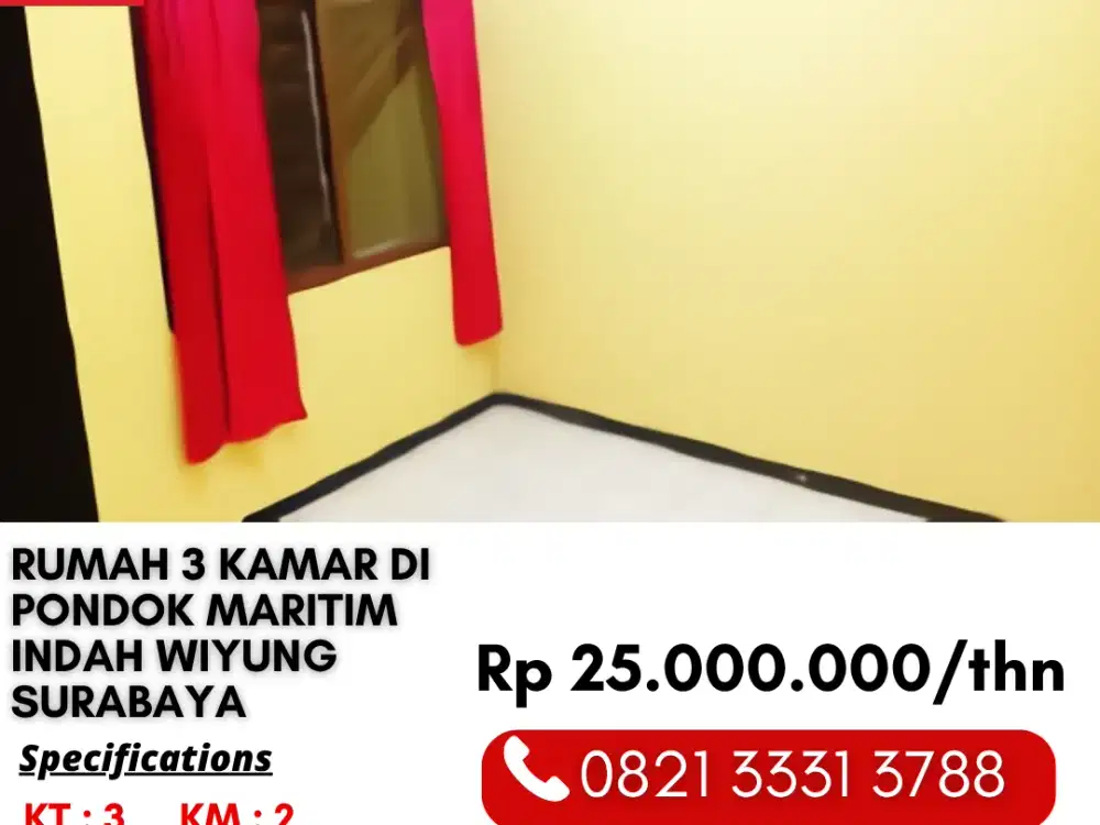 Disewakan Murah Rumah 3 Kamar di Perumahan Pondok Maritim Indah Wiyung Surabaya