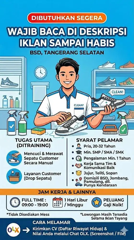 Lowongan Kerja Staff Cleaning Cuci Sepatu Tangerang Selatan BSD Serpon