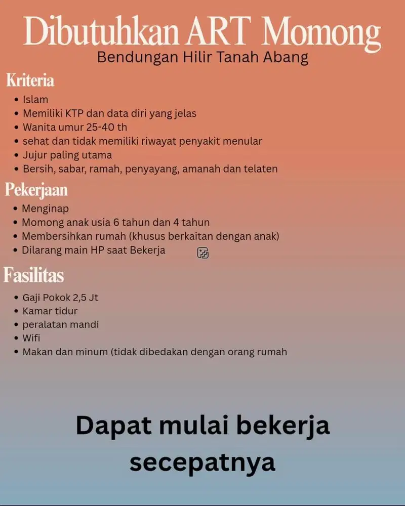 Lowongan ART momong menginap Benhil