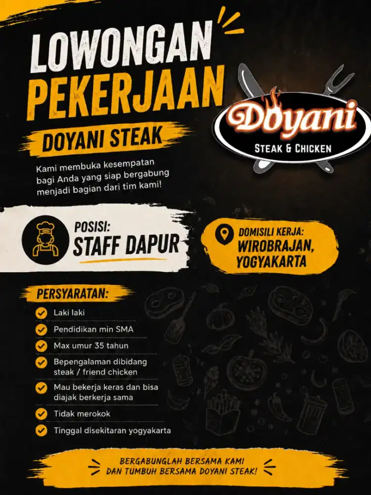 Lowongan Kerja Staff Dapur Doyani Steak Wirobrajan Yogyakarta