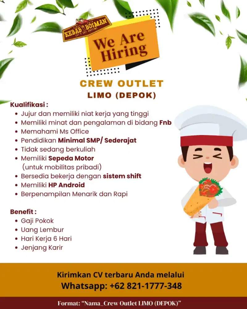 DIBUTUHKAN SEGERA CREW OUTLET