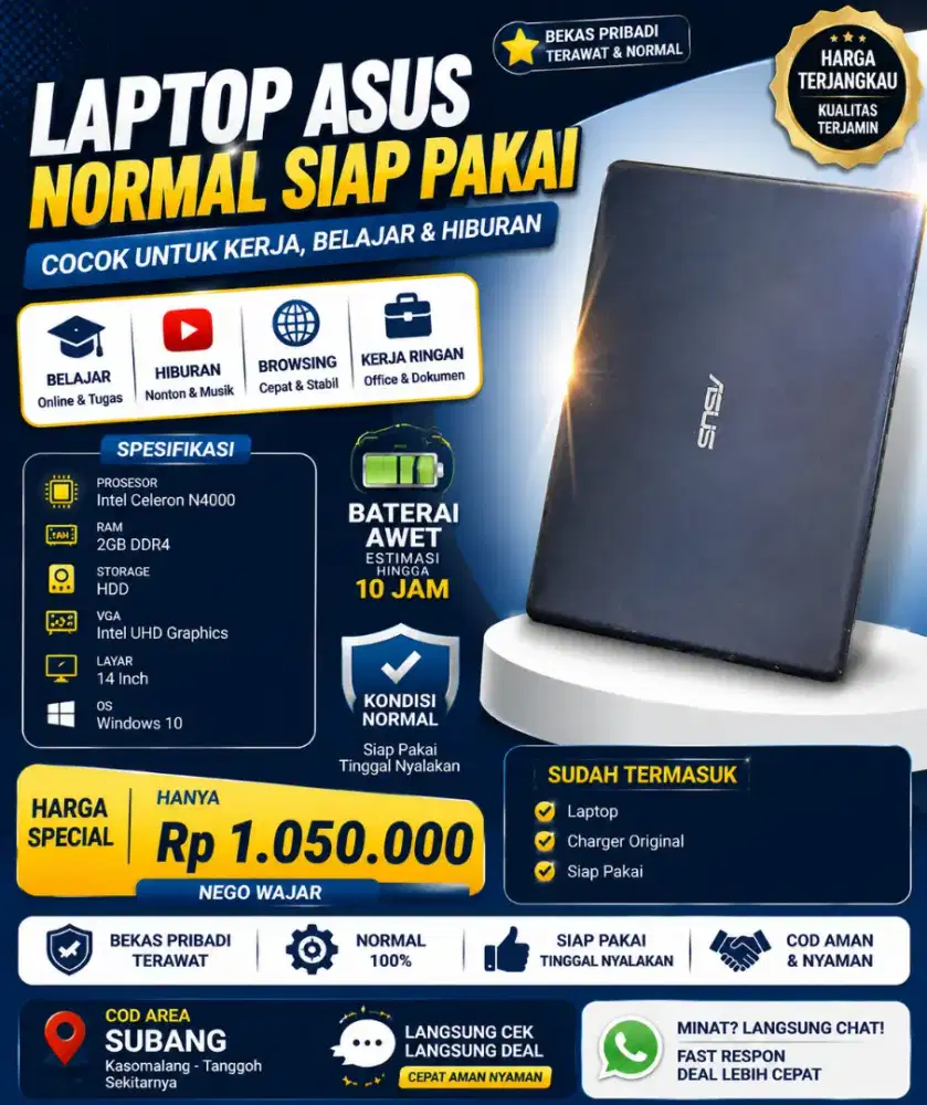Laptop ASUS normal siap pakai + charger