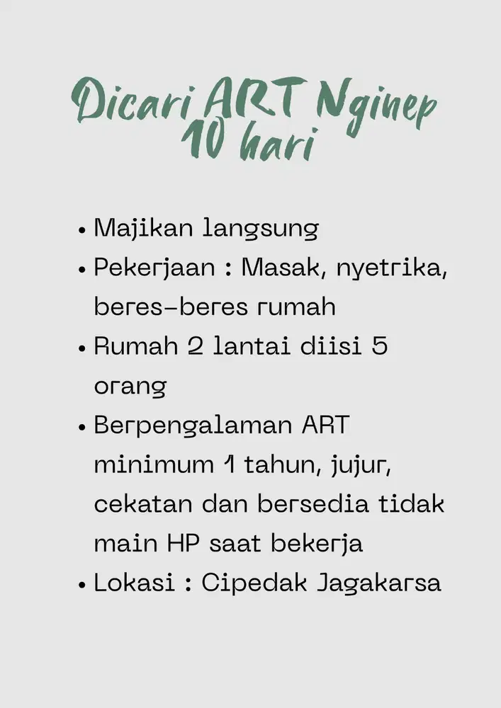 Dibutuhkan ART Menginap 10 Hari