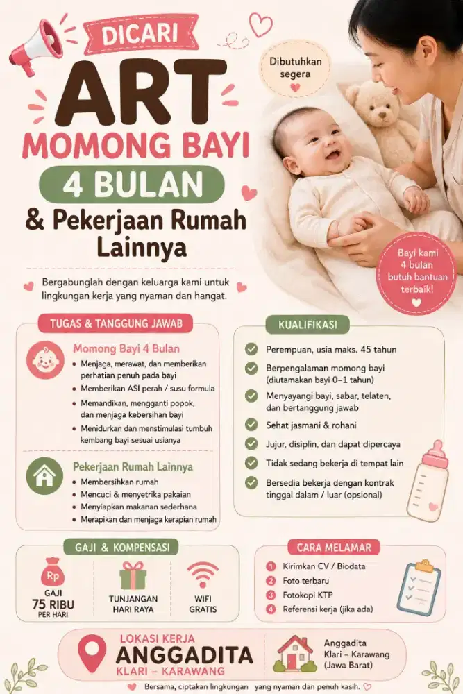 Dibutuhkan ART Momong dan Beberes Pekerjaan Rumah