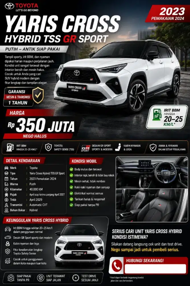 Yaris Cross GR hybrid TSS jual murah