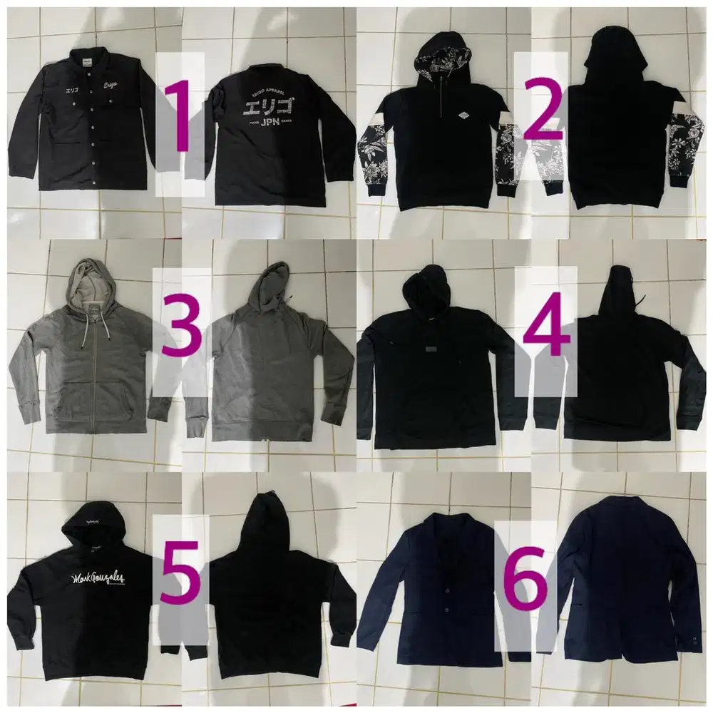 Blazer Zara, Hoodie GAP, Oakley, Mischief, Tommy, Erigo, Ripc Curl