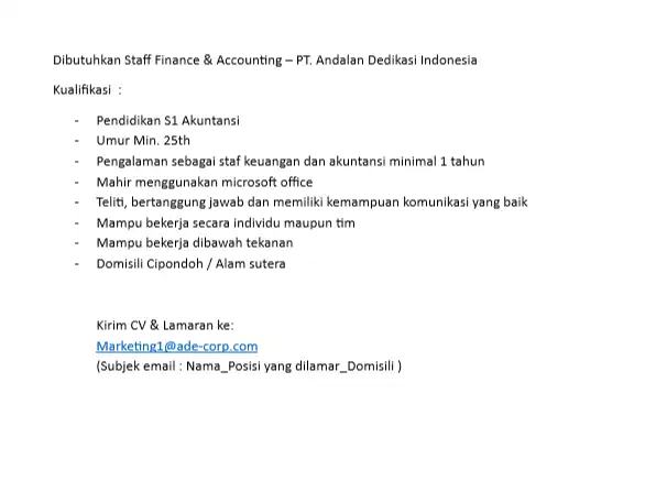 LOWONGAN STAFF FINANCE & ACCOUNTING