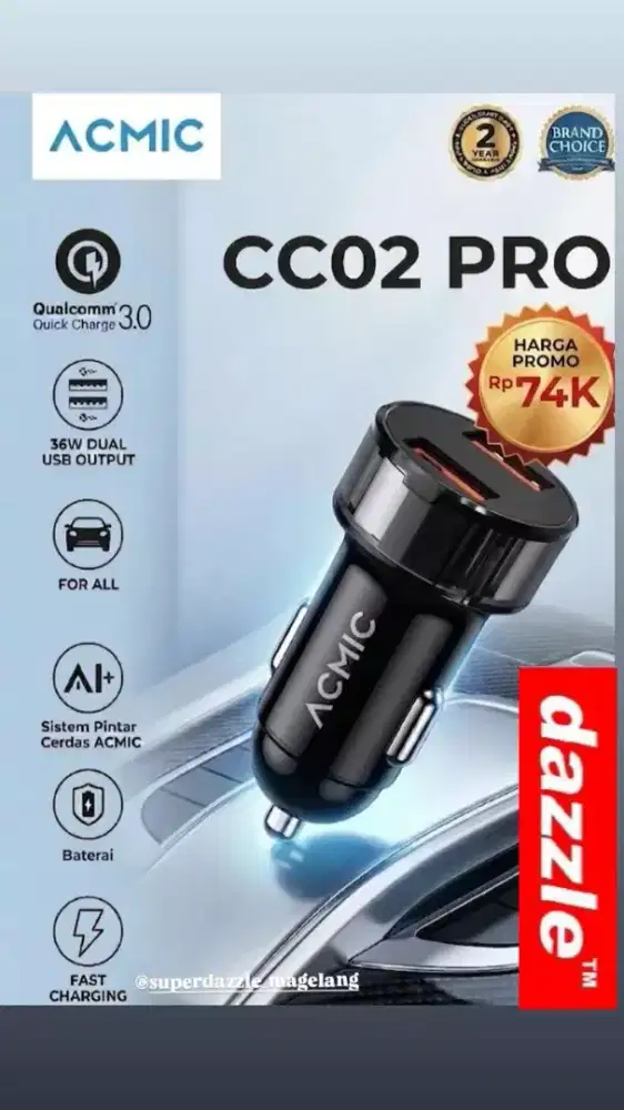 Car charger acmic cc02 pro 36 watt dual USB port black