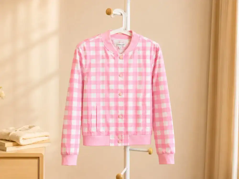 Pastel Pink Varsity Cardigan, Gingham Cozy Bomber