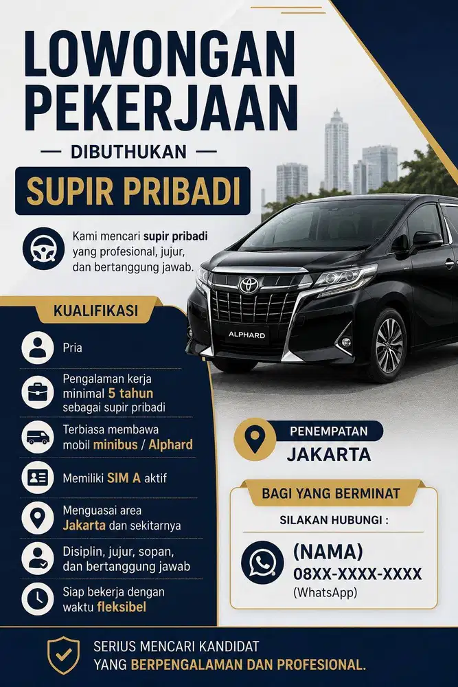 DICARI DRIVER UNTUK PRIBADI (KELUARGA)