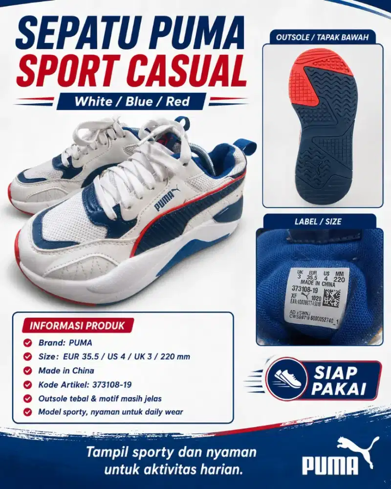 Sepatu Puma Thrift Sport Casual White Blue Red – Size 35.5