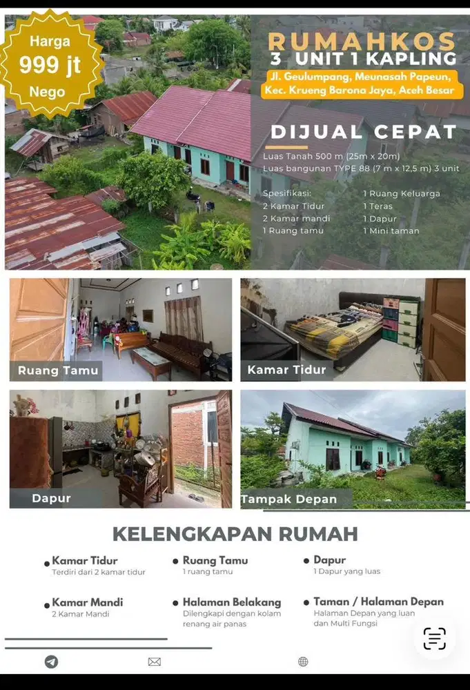 Dijual Rumah kos Kosan 3 unit satu Kapling
