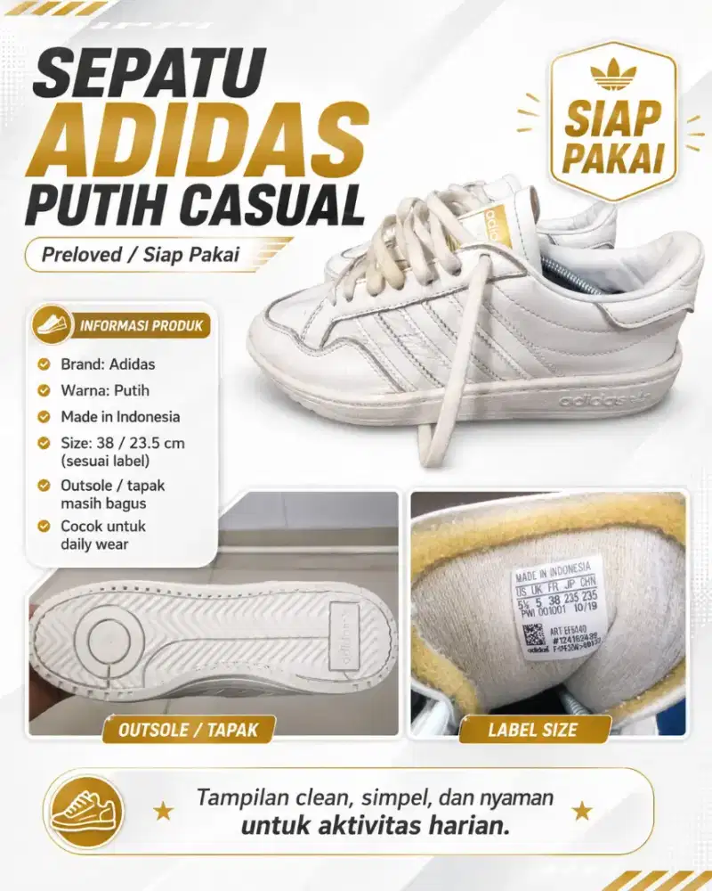 Adidas Putih Casual Preloved Size 38 – Clean Look, Siap Pakai