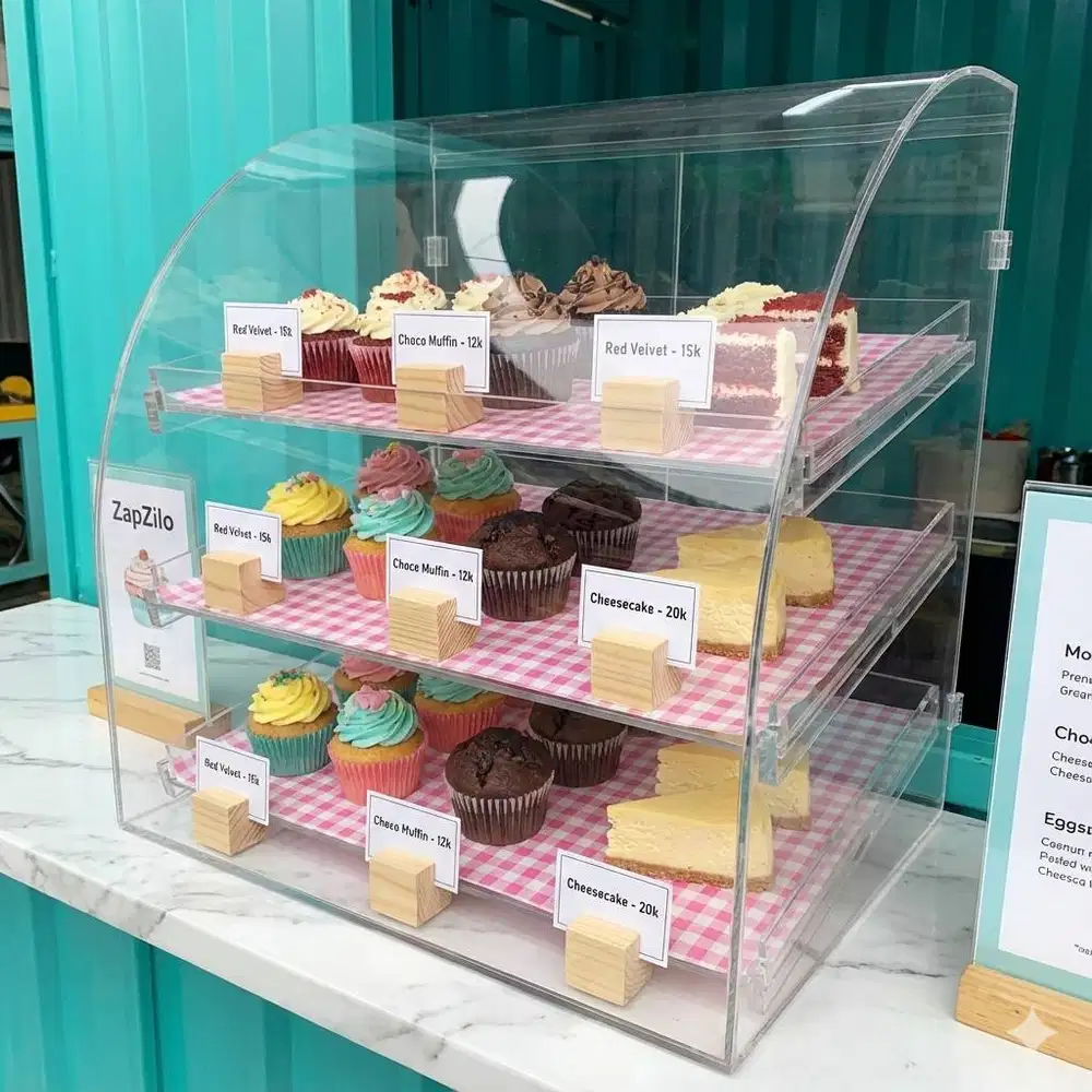 Etalase Acrylic Display Kue 3 Susun Premium untuk Cafe, Bakery & Booth