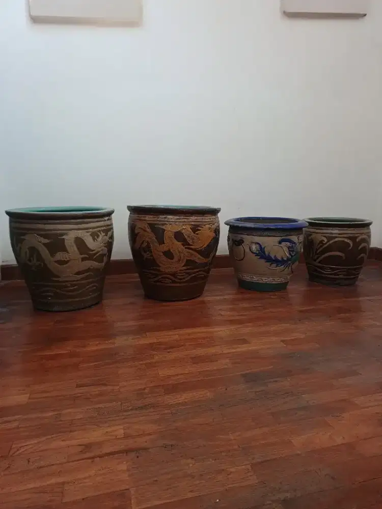 4 Vintage Chinese Egg Pot Jardiniere Planter motif Dragon