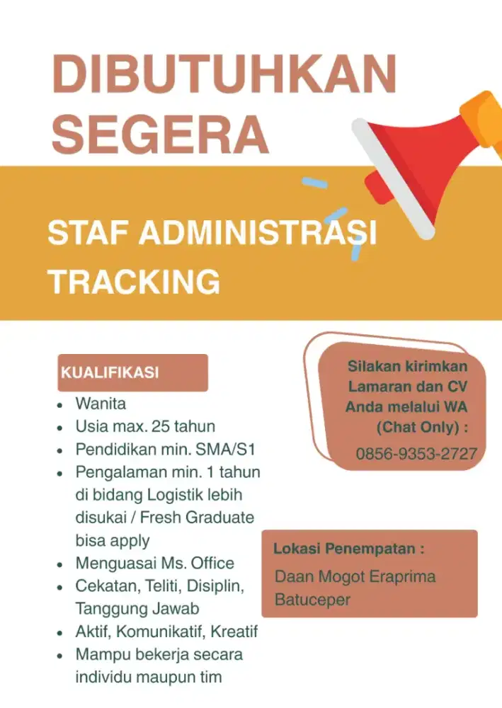 DIBUTUHKAN SEGERA ADMIN TRACKING