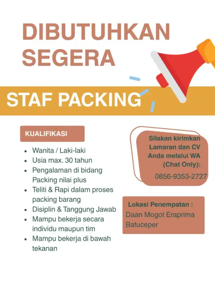 DIBUTUHKAN SEGERA STAFF PACKING
