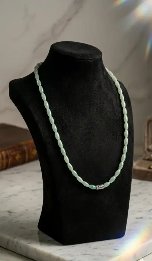 Kalung Jadeite Jade Type A Butiran Beras Natural Grade A Bersertifikat