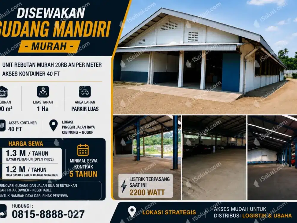 DISEWAKAN GUDANG MANDIRI LUAS 3200M2-CIBINONG BOGOR