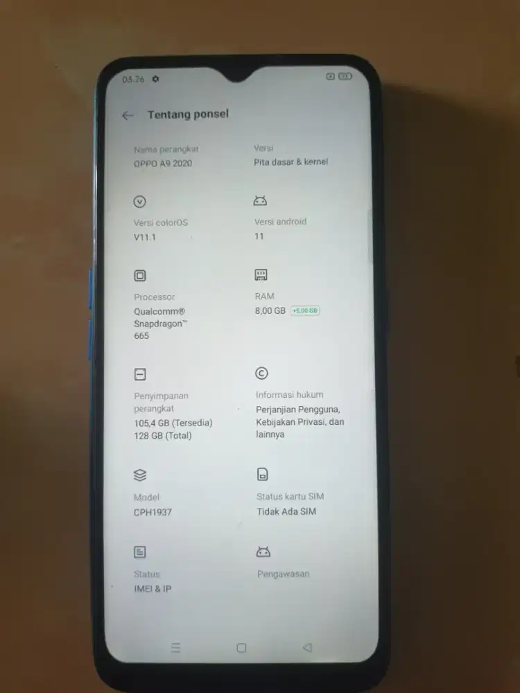Oppo a9 2020 8+5/128 batangan tipe c