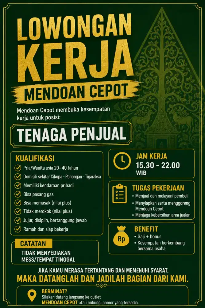 LOWONGAN KERJA TENAGA PENJUAL MENDOAN CEPOT