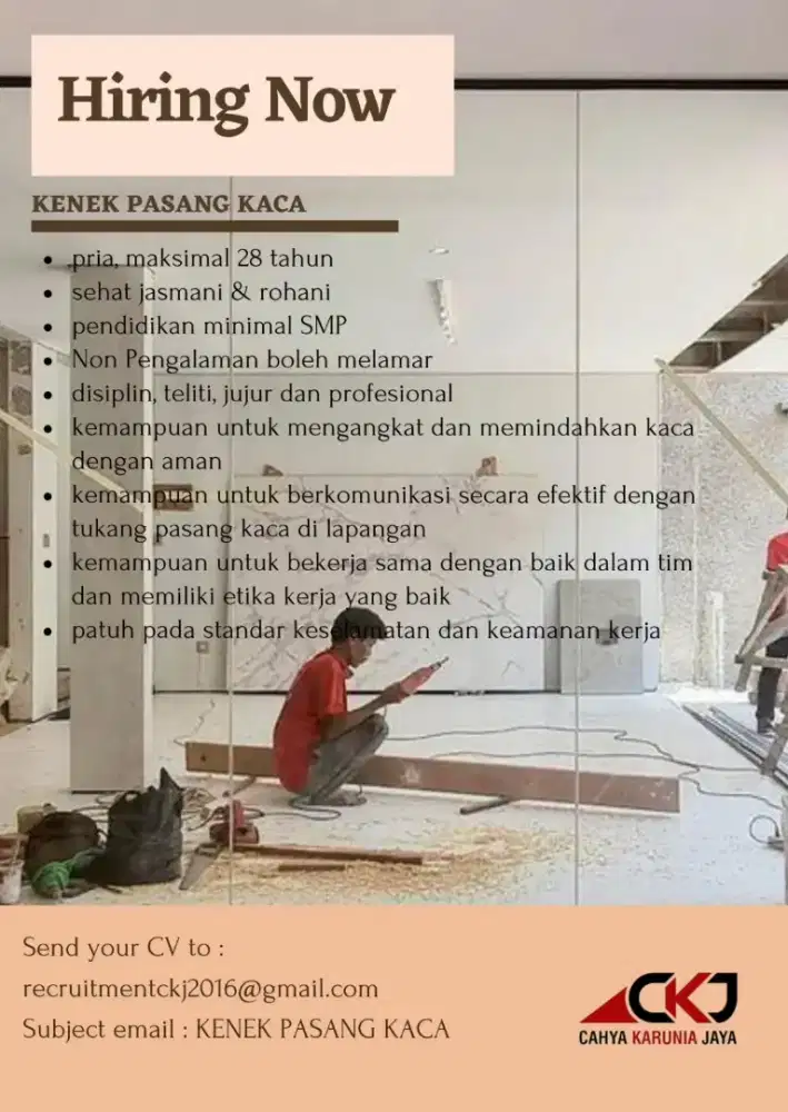 Lowongan Kerja Kenek Pasang Kaca (di proyekan)
