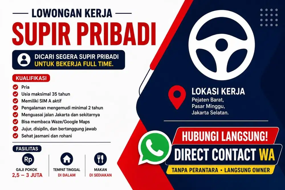Lowongan Kerja Supir Pribadi Tinggal Dalam – Jakarta Selatan