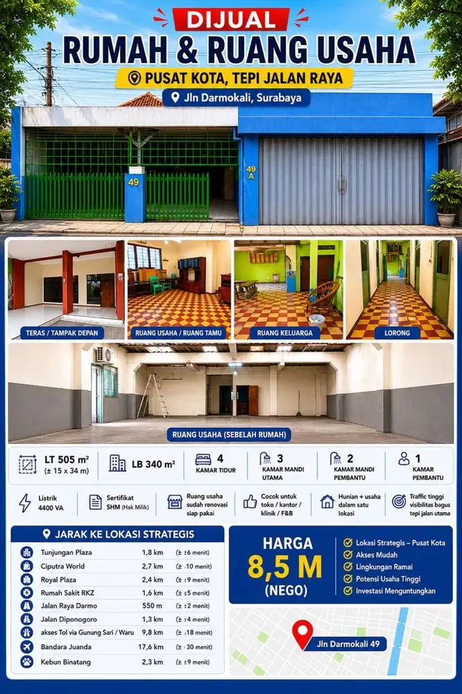Dijual Rumah dan Ruang Usaha Darmokali Surabaya Pusat