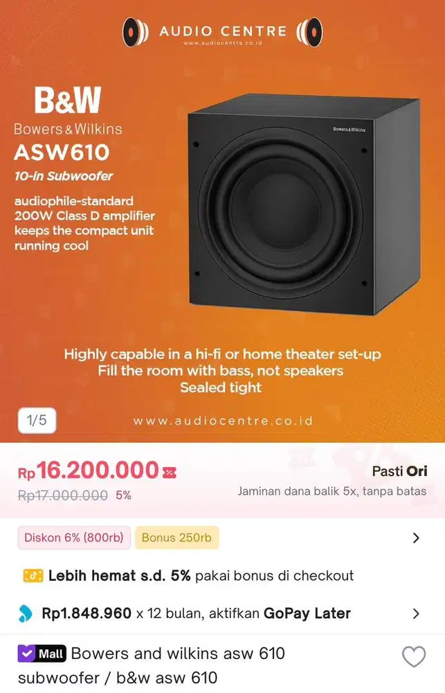 Subwoofer aktif bowers and wilkins B&W asw610